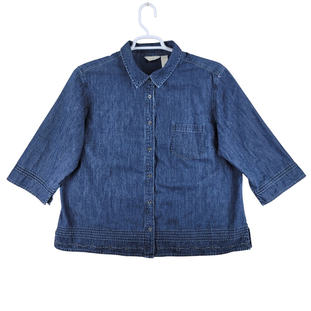 J. Jill Denim Shirt Women 2X Blue Embroidered Beaded Pintuck 3/4 Sleeve Cotton